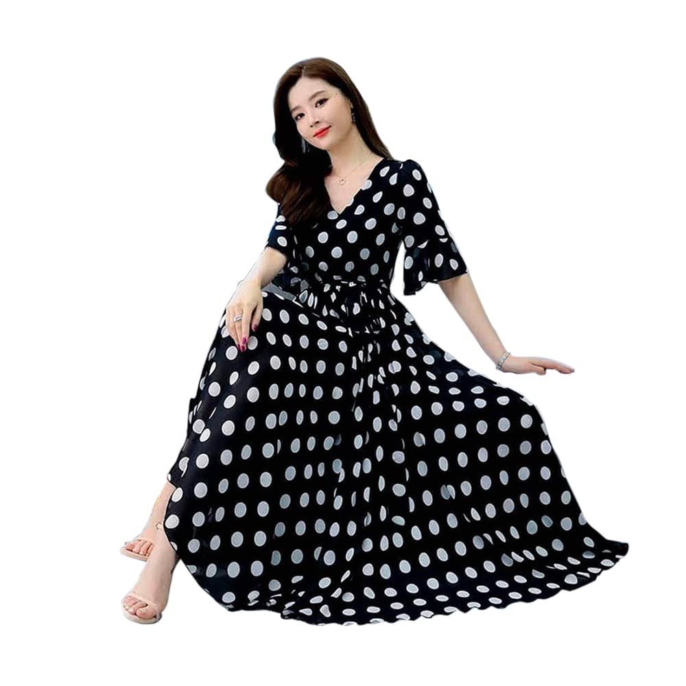 Linen Screen Print Fashionable Long Gown For Women - Black - G-N05