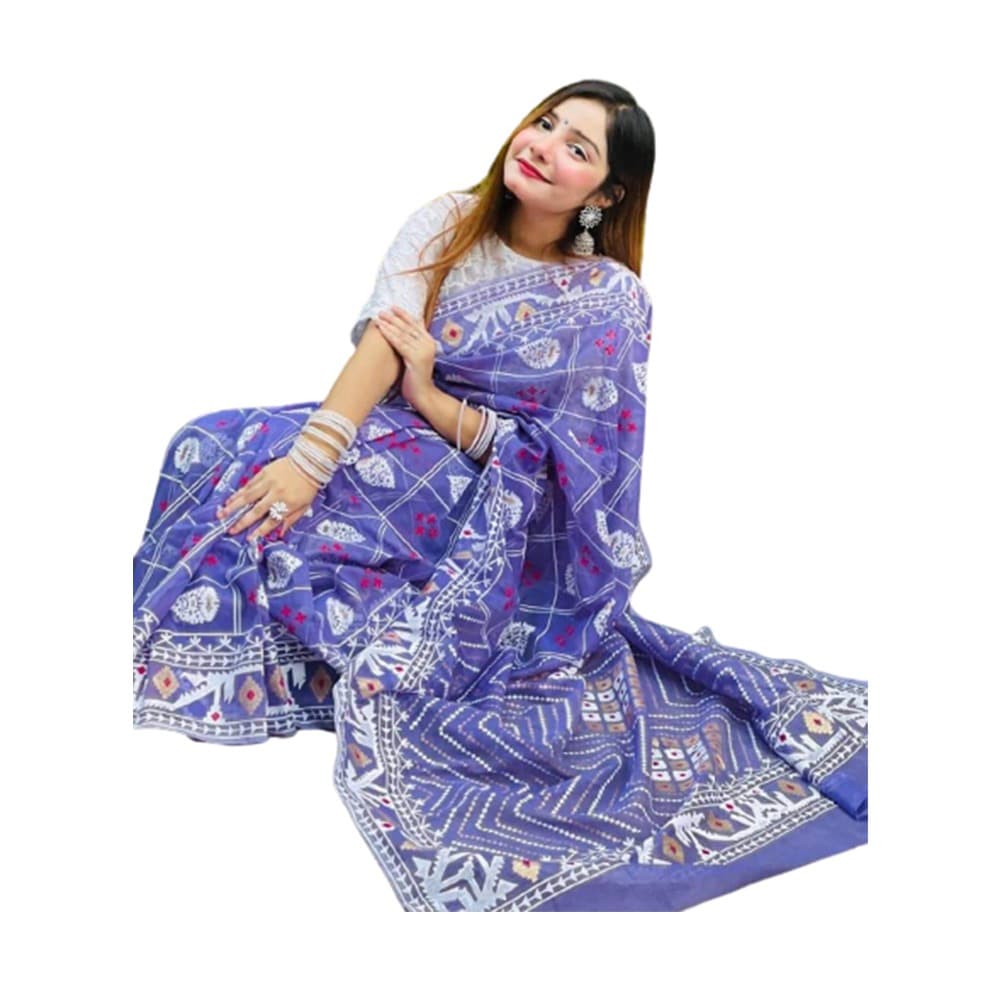 Hand Print Couple Set Saree With Panjabi - Blue - CS-75