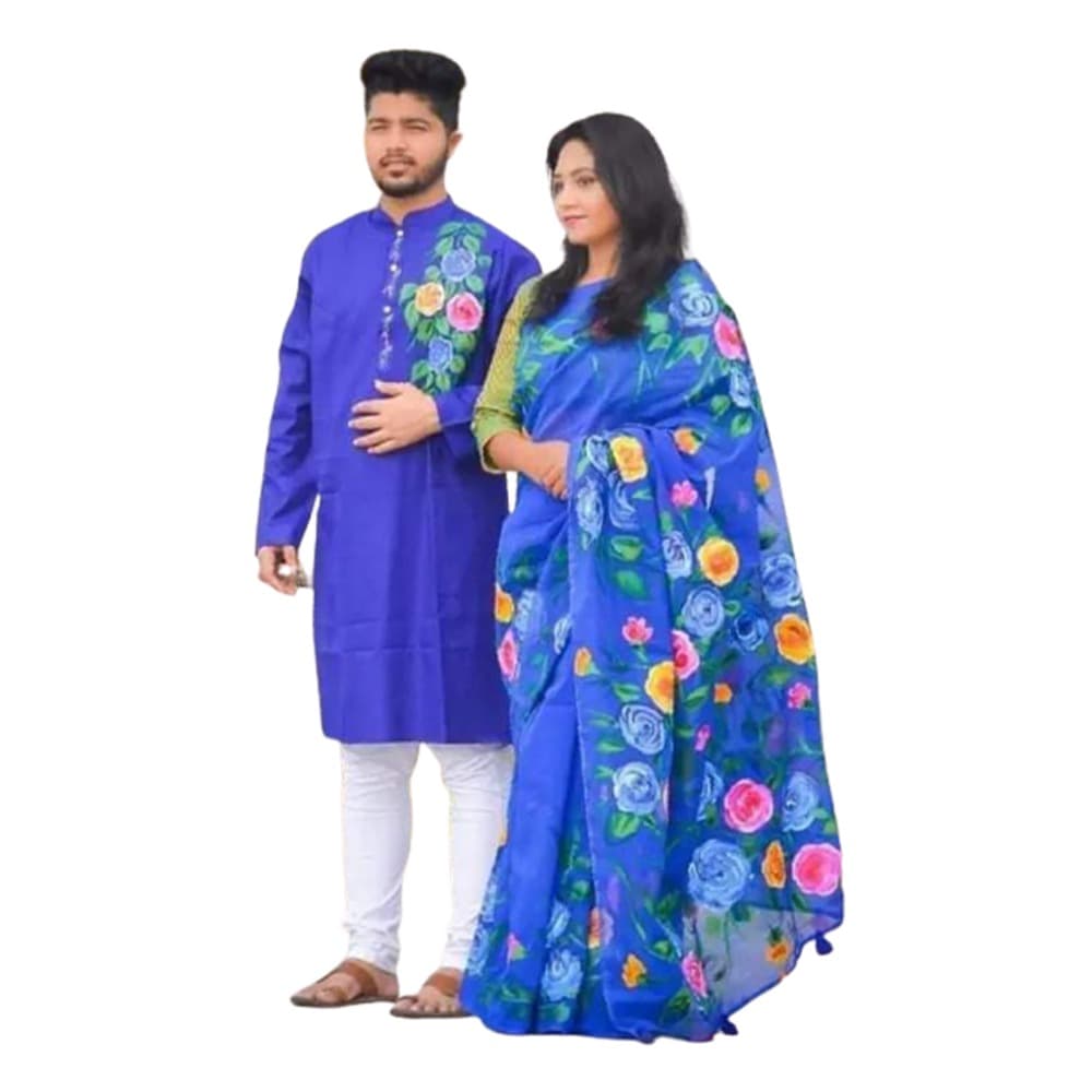 Hand Print Couple Set Saree With Panjabi - White And Green - CS-65